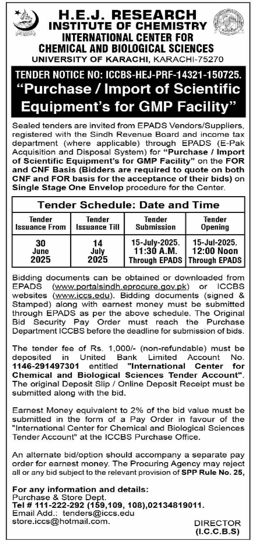 H.E.J Research Institute of Chemistry University of Karachi Tender Notice